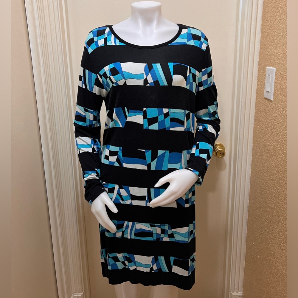 Michael Kors Stripe Print Long Sleeve Dress Summer Blue Black